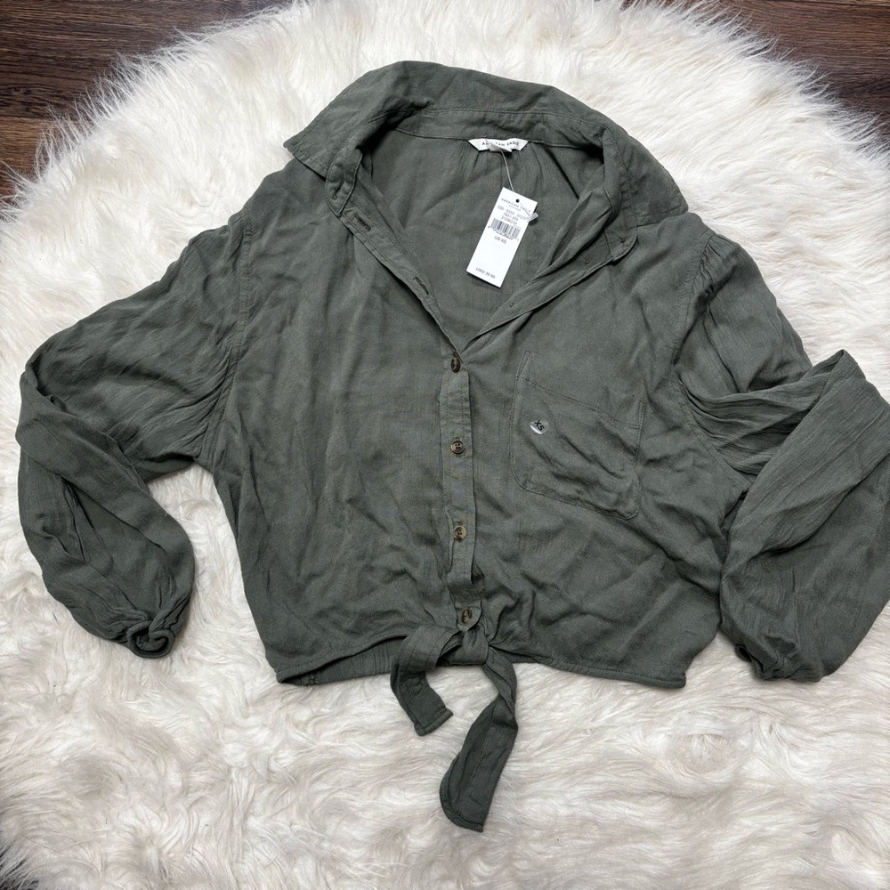 NEW American Eagle Button Up Tie Front Cropped Blouse in Mossy Hunter Green XS